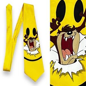 Vintage 1996 Looney Tunes Mania Tie Smiley Face Taz Yellow Polyester Korea Made